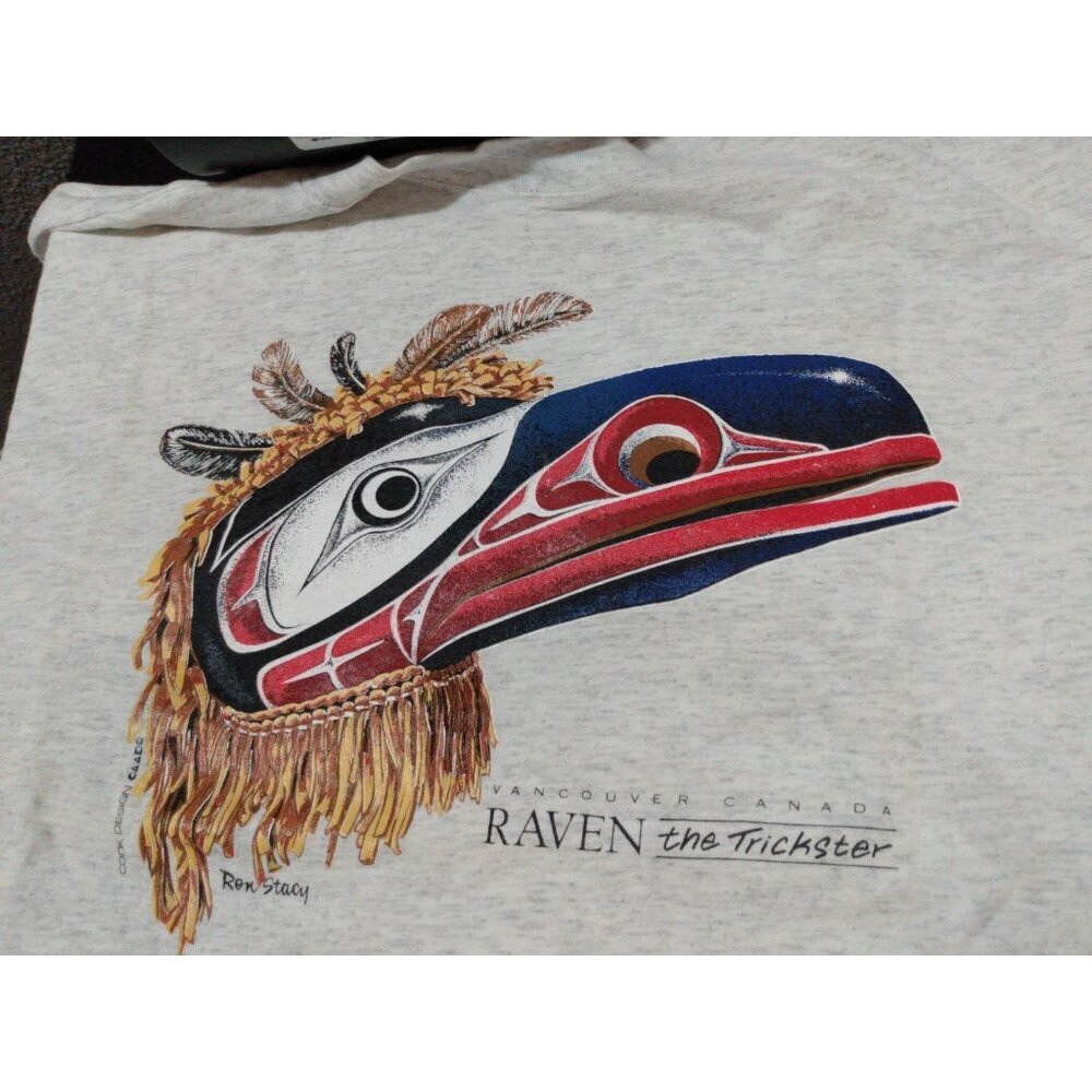 Vintage 90s Raven The Trickster Native Art T shirt Bird Art Ron Stacy XL - Picture 4 of 4